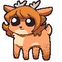 The creature. A quadrupedal deer with two antlers poking out of a head of orange hair.